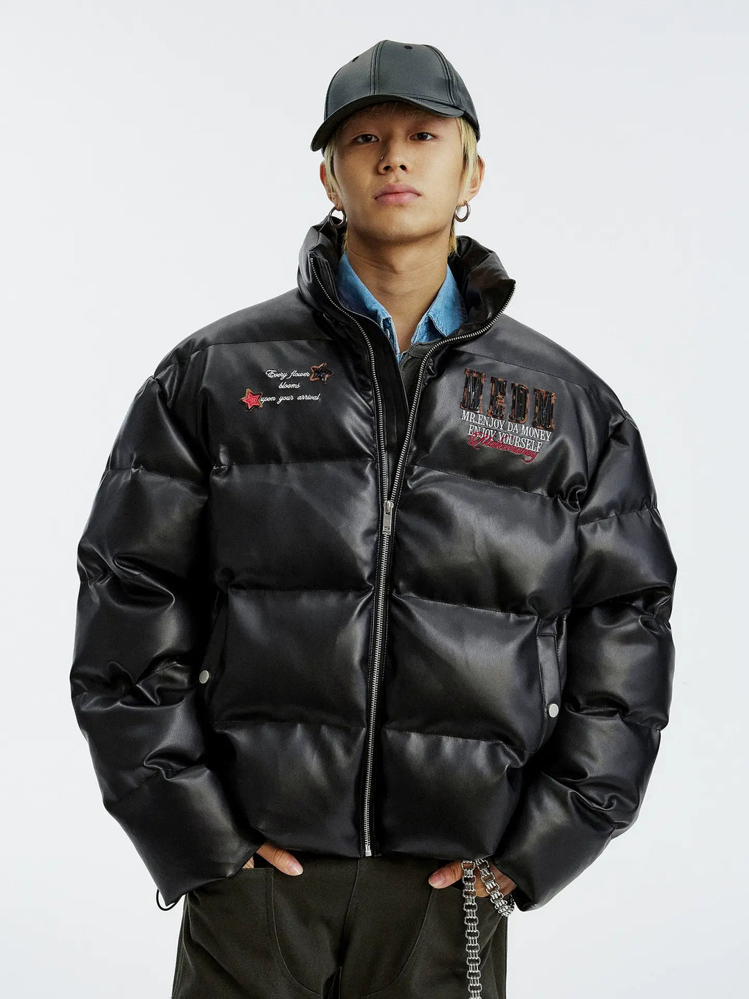 MEDM Leopard Patch PU Leather Puffer Jacket | Face 3 Face