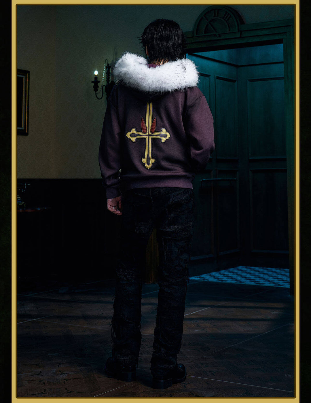 MEDM × HUNTER×HUNTER Kuroro Inverted Cross Patch Faux Fur Hood Zip Up Hoodie