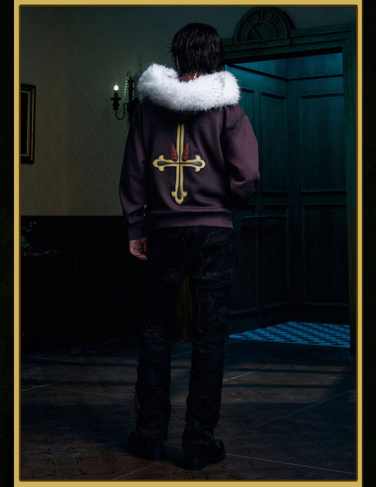 MEDM × HUNTER×HUNTER Kuroro Inverted Cross Patch Faux Fur Hood Zip Up Hoodie