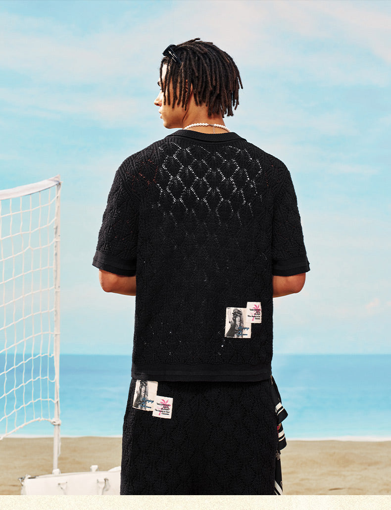 MEDM x STK Patch Embroidery Open Knit Short Sleeve Shirt | Face 3 Face