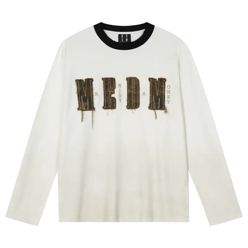 MEDM Frayed Logo Patch Washed Distressed Long Sleeve Tee | Face 3 Face