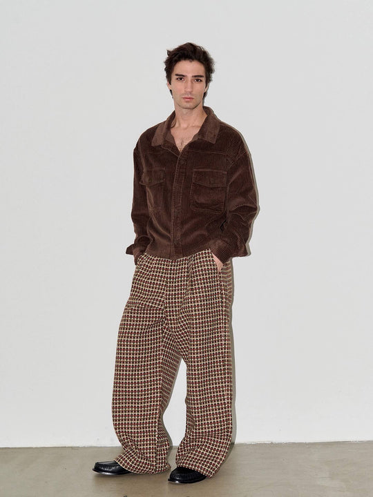 LIBERAFIT Wool Tweed Grid Pattern Pleated Baggy Trousers | Face 3 Face