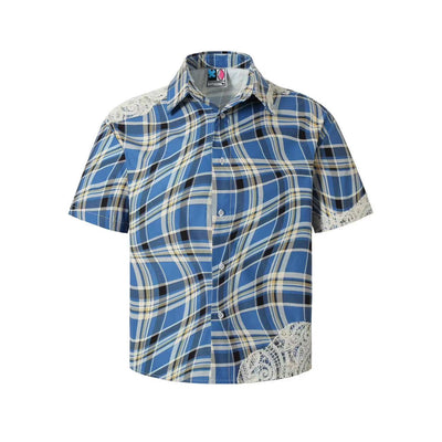 YADcrew Twisted Plaid Lace Splicing Short Sleeve Shirt | Face 3 Face