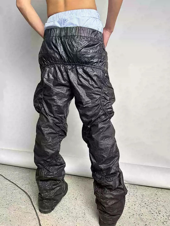 Night Lab Pleated Loose Fit Black Nylon Pants | Face 3 Face