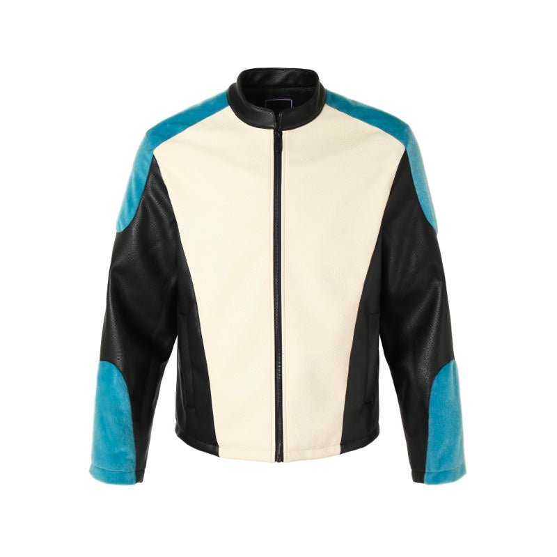 YADcrew Mink Fur Leather Biker Racing Jacket