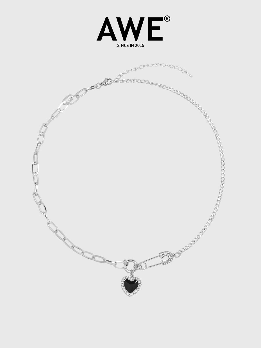 AWE Diamond Pin Black Heart Chain Necklace | Face 3 Face