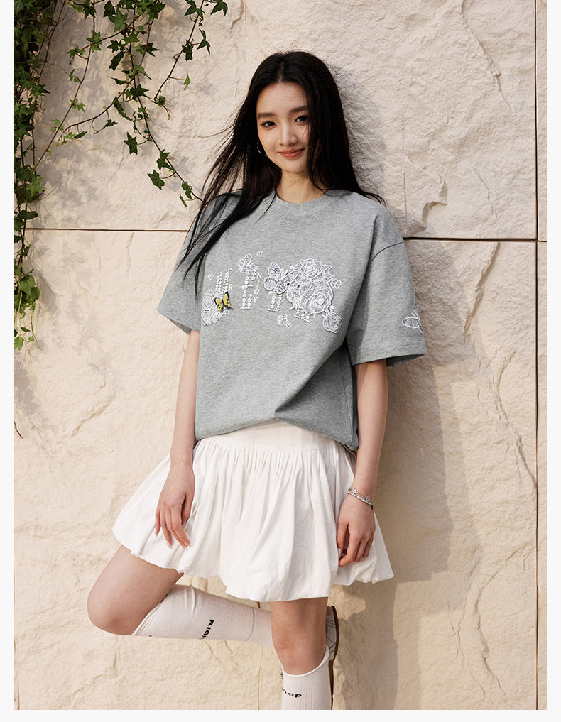MEDM Lace Floral Rose Pearl Print Tee | Face 3 Face