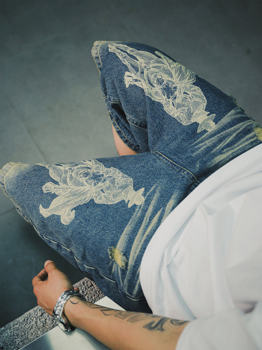 S45 Digital Printed Rivets Ruined Washed Denim Shorts | Face 3 Face