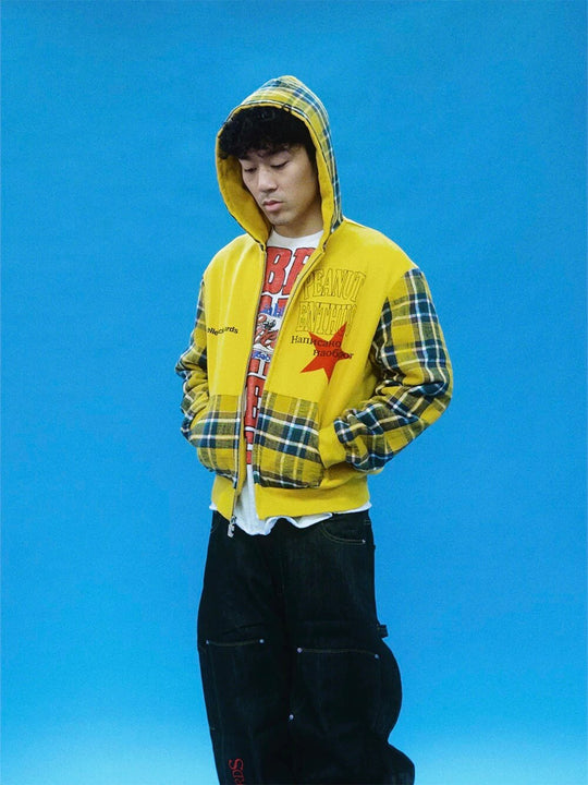 EVETS Contrast Plaid Patchwork Zip Up Hoodie