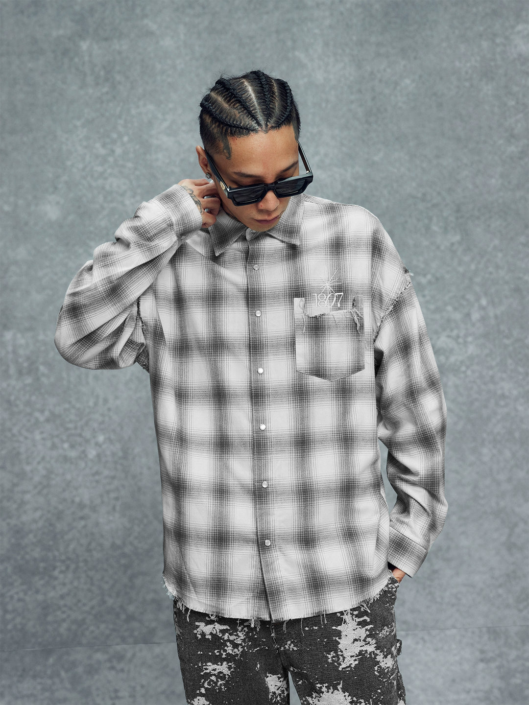 1807 Plaid Distressed Long Sleeve Shirt | Face 3 Face