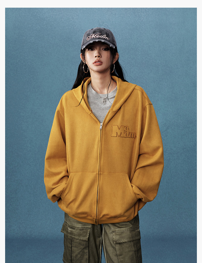 MEDM Suede Logo Patch Zip-Up Hoodie | Face 3 Face