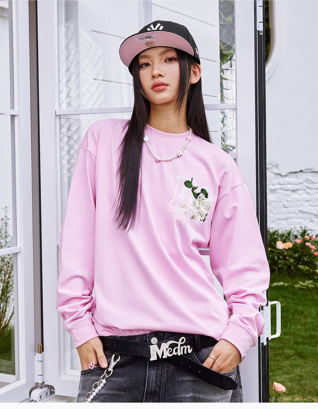 MEDM Big M Flower Embroidered Long Sleeve Tee | Face 3 Face