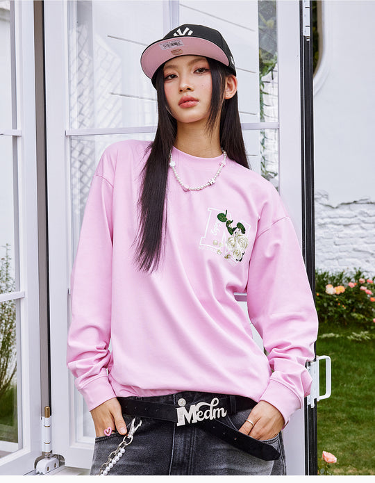 MEDM Big M Flower Embroidered Long Sleeve Tee | Face 3 Face