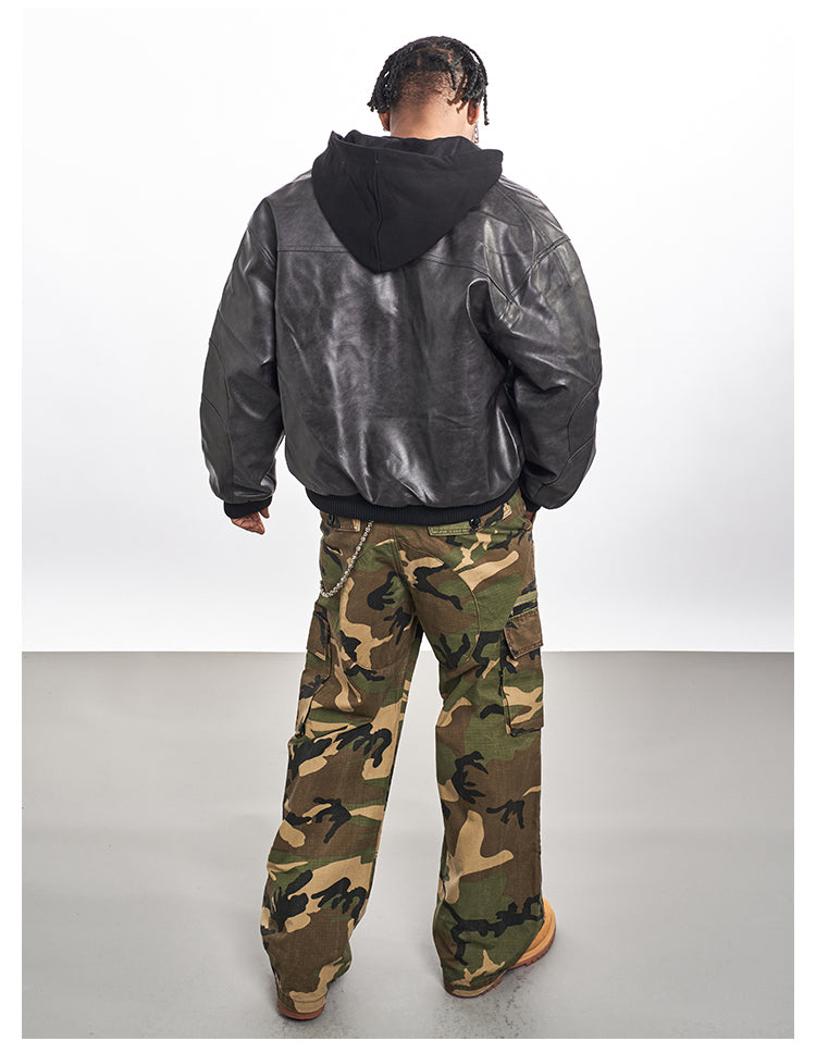 F3F Select PU Leather Hooded Fake Two Piece Jacket | Face 3 Face