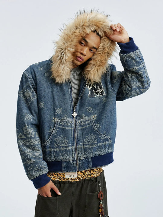 MEDM Ethnic Paisley Denim Hooded Jacket | Face 3 Face