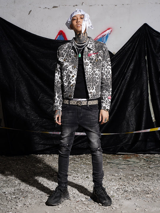 TGFCLUB 223 Leopard Full Print Slim Denim Jacket | Face 3 Face