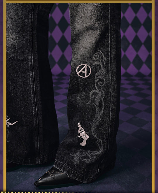 MEDM × JOJO Icon Embroidery Washed Distressed Jeans | Face 3 Face