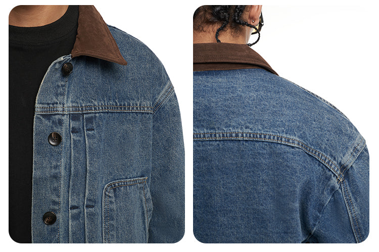 F3F Select Suede Lapel Washed Denim Jacket | Face 3 Face