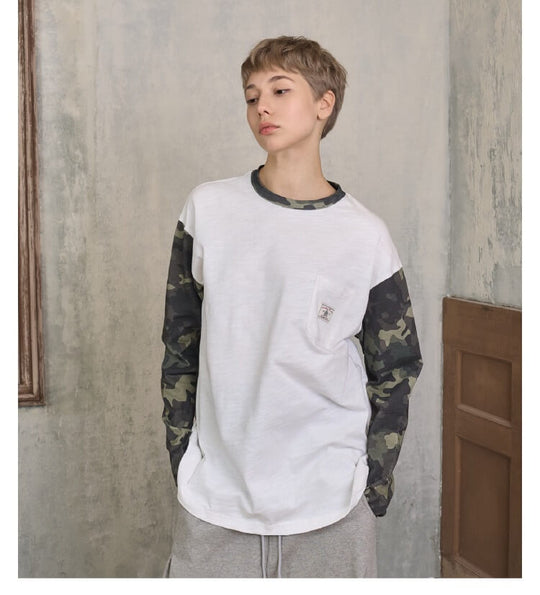 S45 Camouflage Sleeve Color Block Long Sleeve Tee