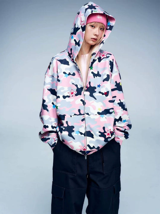 MEDM All Over Colorful Star Camouflage Zip Up Hoodie | Face 3 Face