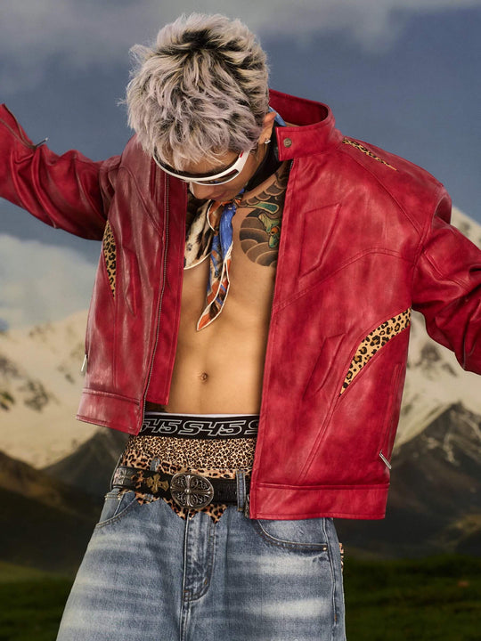 S45 Leopard Print Patchwork PU Leather Biker Jacket | Face 3 Face