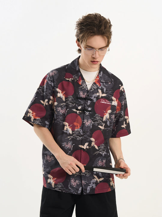 Harsh and Cruel Crane Print Knots Cuban Shirt
