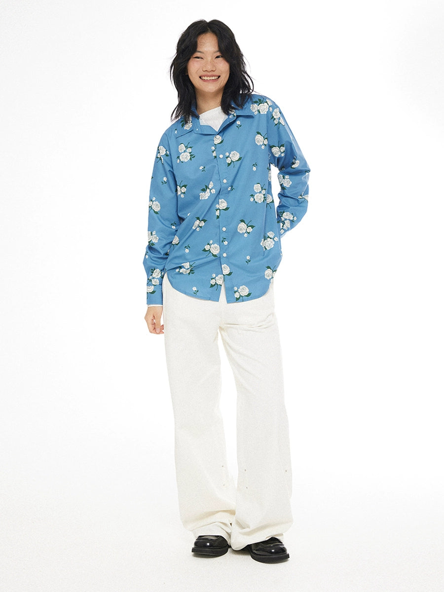 EMPTY REFERENCE Rose Print Blue Long Sleeve Shirt | Face 3 Face