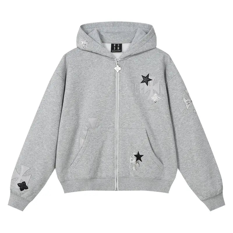 MEDM Cross Star Leather Patchwork Zip Up Hoodie | Face 3 Face
