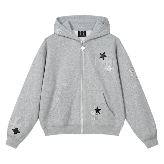 MEDM Cross Star Leather Patchwork Zip Up Hoodie | Face 3 Face