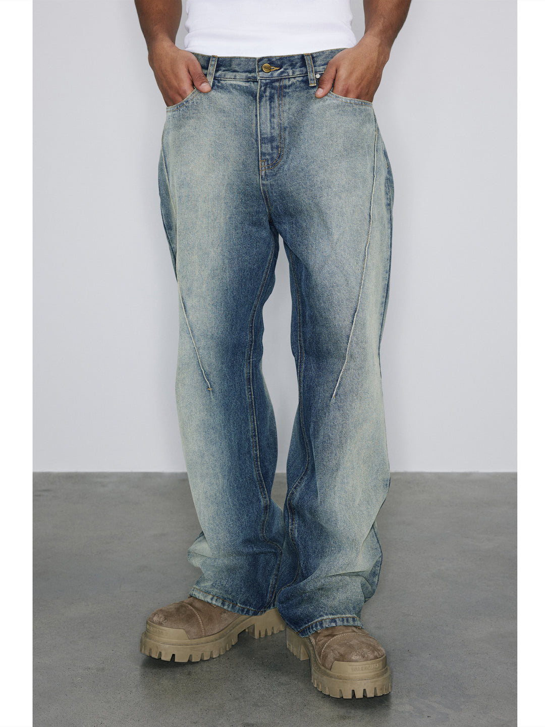 NOVACAM Heavy Washed Gradient Mud Dyed Stitched Flared Jeans | Face 3 Face