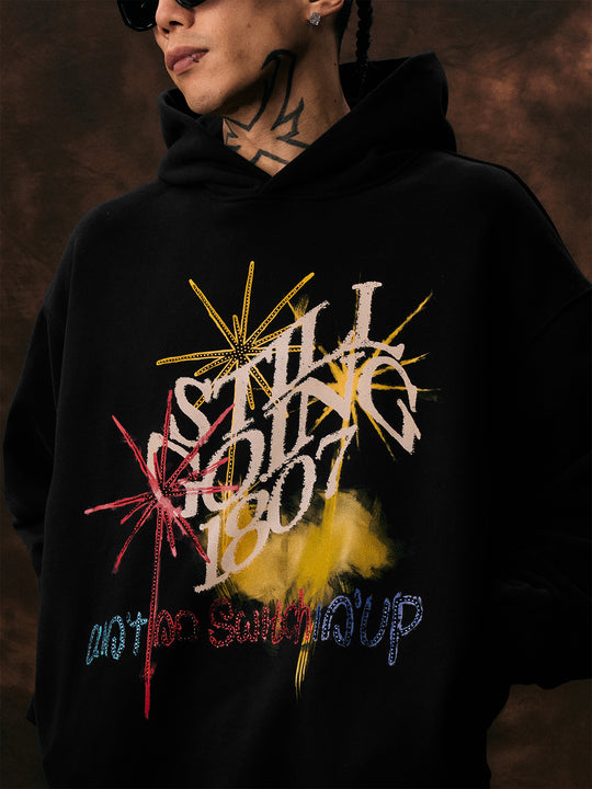 1807 Firework Printed Rhinestone Hoodie  | Face 3 Face