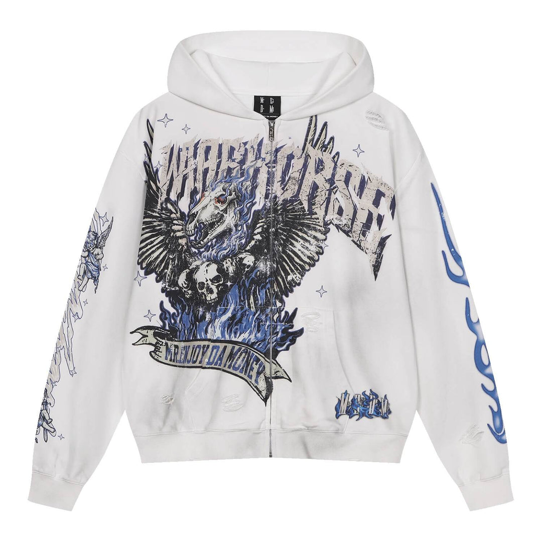 MEDM Skeleton Angel Graphic Print Distressed Zip Up Hoodie | Face 3 Face