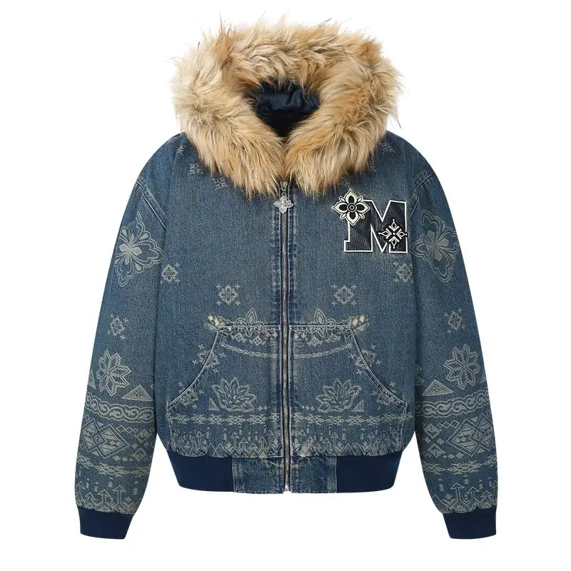 MEDM Ethnic Paisley Denim Hooded Jacket | Face 3 Face