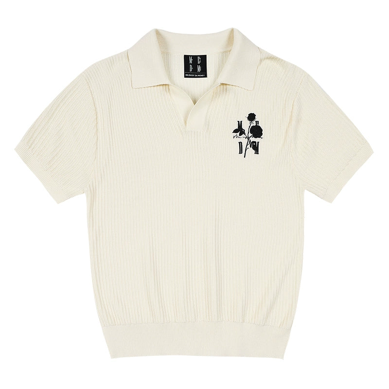MEDM Rose Embroidered Textured Stripe Knit Polo | Face 3 Face