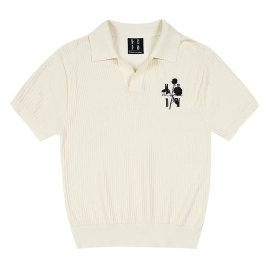 MEDM Rose Embroidered Textured Stripe Knit Polo | Face 3 Face