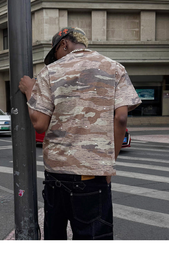 STEEPC Aged Desert Camo Pearl Embellished Print Tee | Face 3 Face