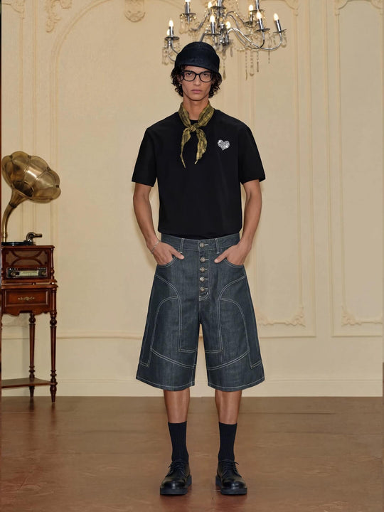 YADcrew Cross Motif Button Paneled Denim Shorts | Face 3 Face