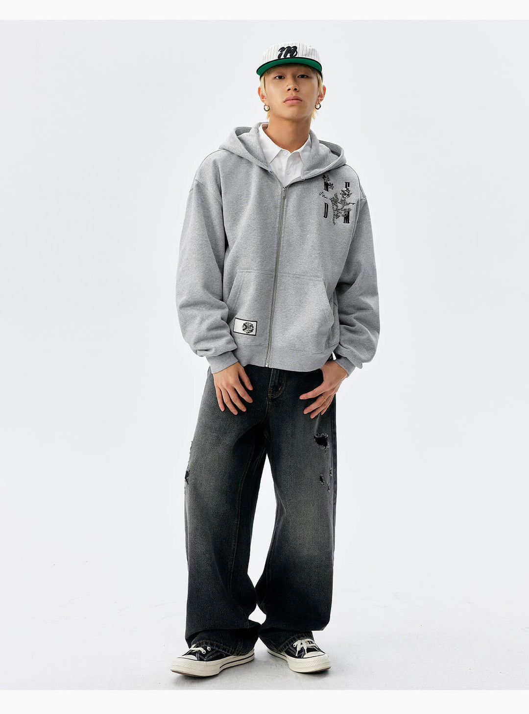 MEDM Beaded Flower Embellished Zip Up Hoodie | Face 3 Face