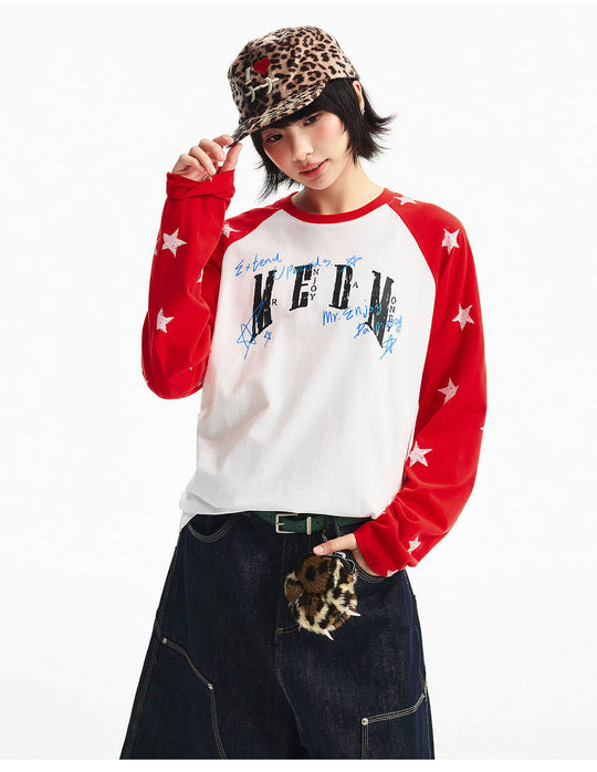 MEDM Star Print Raglan Long Sleeve Tee | Face 3 Face