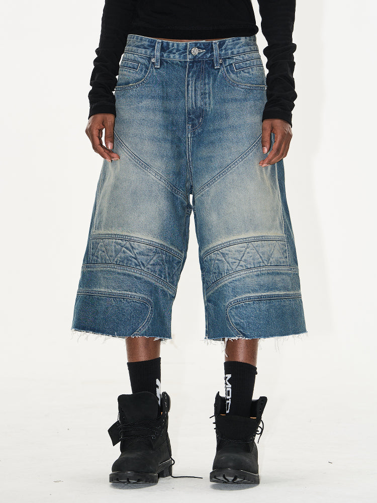 BLIND NO PLAN Washed and Aged Biker Denim Baggy Shorts | Face 3 Face