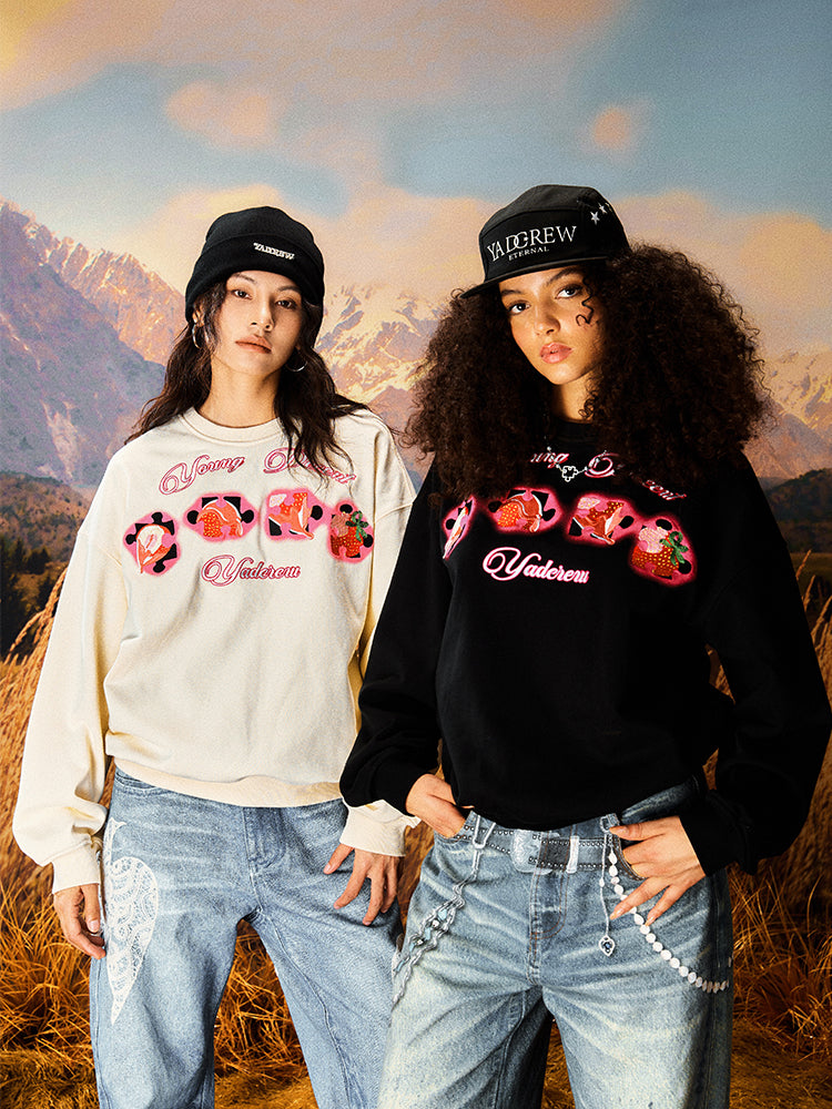 YADcrew Cream Strawberry Puzzle 3D Embroidery Sweatshirt | Face 3 Face