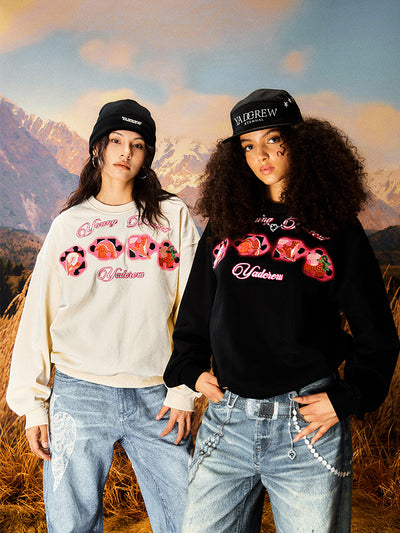 YADcrew Cream Strawberry Puzzle 3D Embroidery Sweatshirt | Face 3 Face