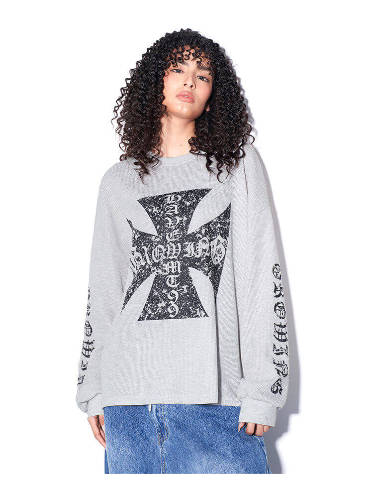 F3F Select Vintage Cross Print Waffle Long Sleeve Tee | Face 3 Face