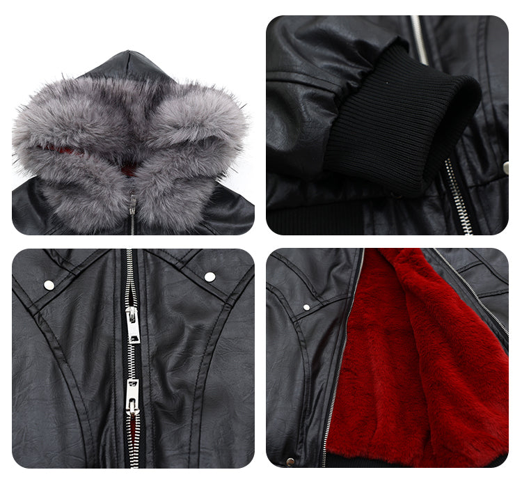F3F Select Red Velvet Lining PU Leather Fur Hooded Bomber Jacket | Face 3 Face