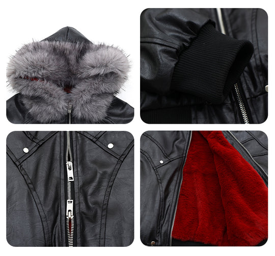 F3F Select Red Velvet Lining PU Leather Fur Hooded Bomber Jacket | Face 3 Face