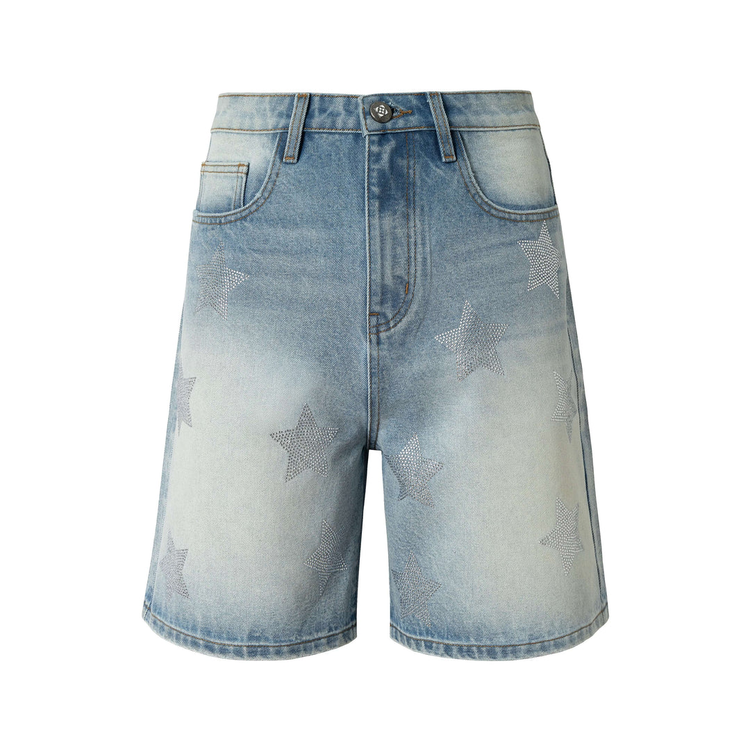 YADcrew All Over Star Rhinestone Washed Denim Shorts | Face 3 Face