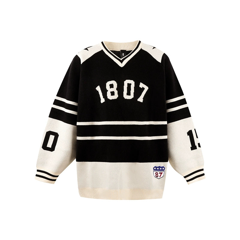 1807 Black & White Striped Hockey Jersey Knit Sweater  | Face 3 Face