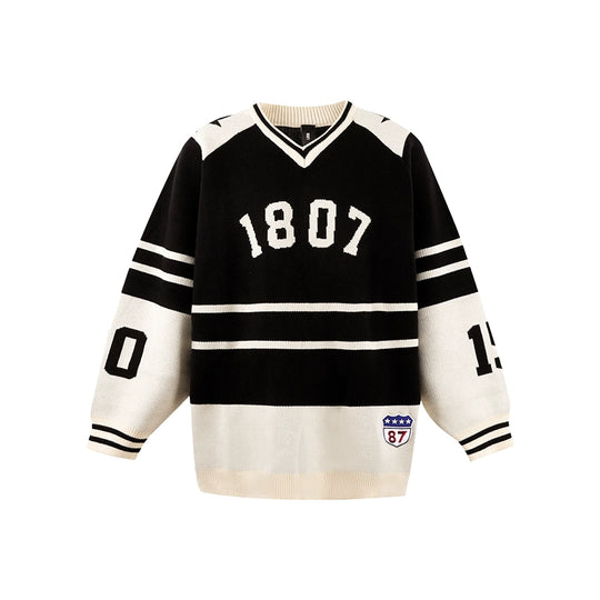1807 Black & White Striped Hockey Jersey Knit Sweater  | Face 3 Face