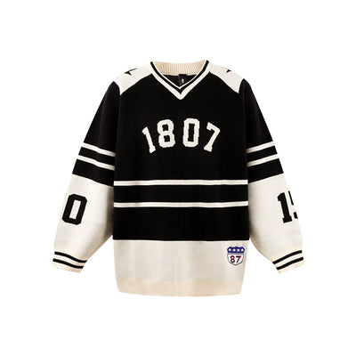 1807 Black & White Striped Hockey Jersey Knit Sweater | Face 3 Face