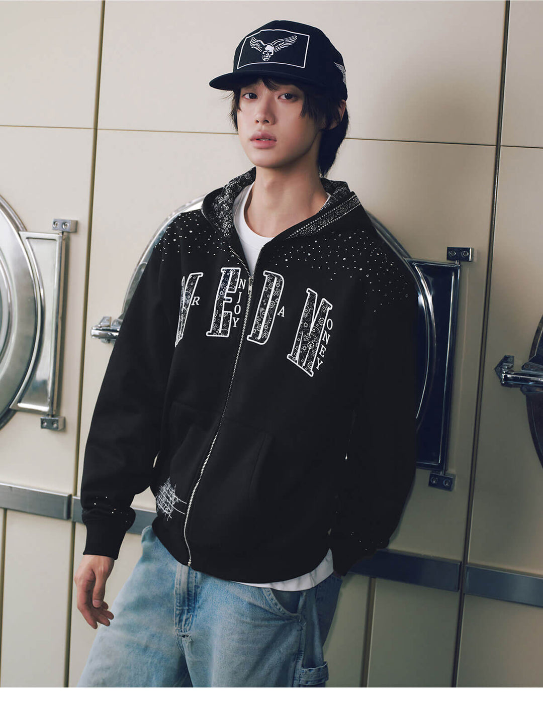 MEDM Paisley Hood Lining Rhinestone Embellished Zip Up Hoodie | Face 3 Face